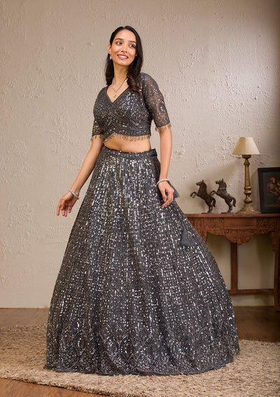 Dark Grey Sequins Net Readymade Lehenga-Koskii