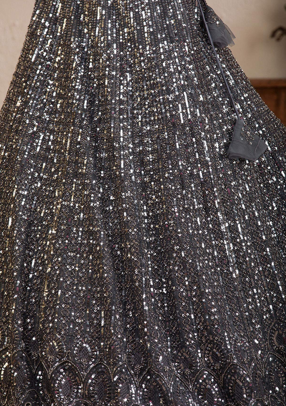 Dark Grey Sequins Net Readymade Lehenga-Koskii