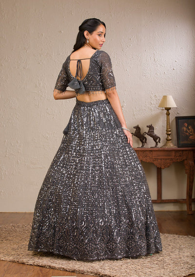 Dark Grey Sequins Net Readymade Lehenga-Koskii