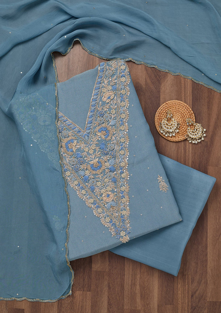 Dark Grey Stonework Tissue Unstitched Salwar Suit-Koskii