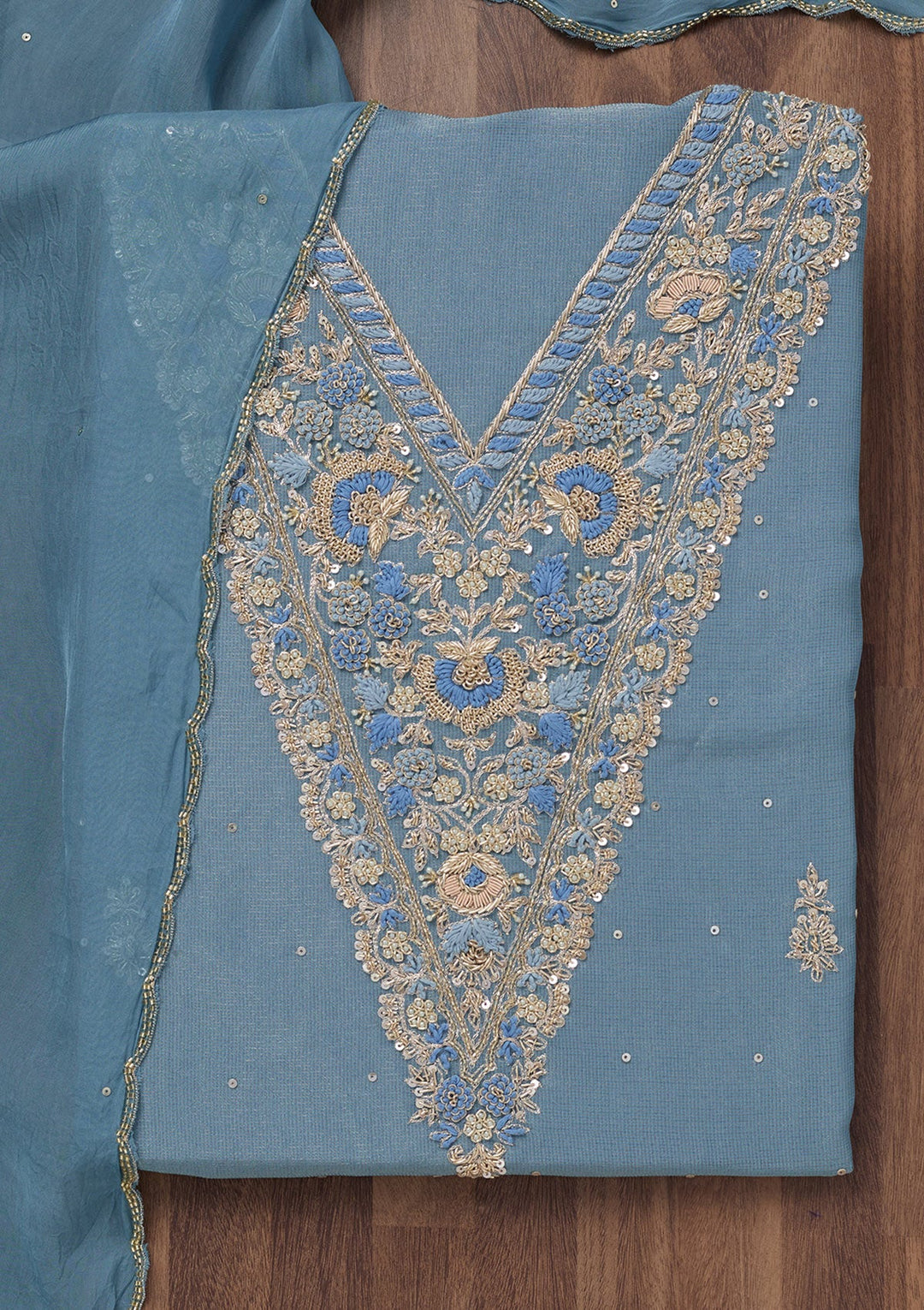 Dark Grey Stonework Tissue Unstitched Salwar Suit-Koskii