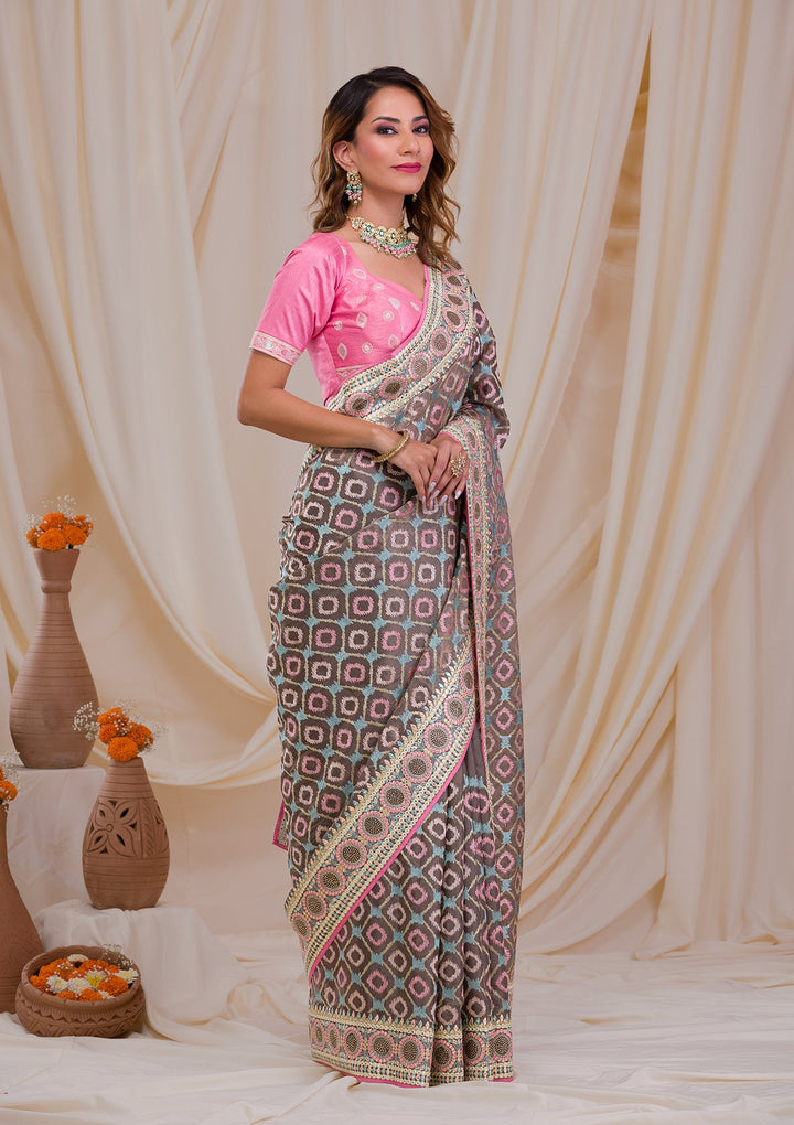 Dark Grey Swarovski Chiffon Saree-Koskii