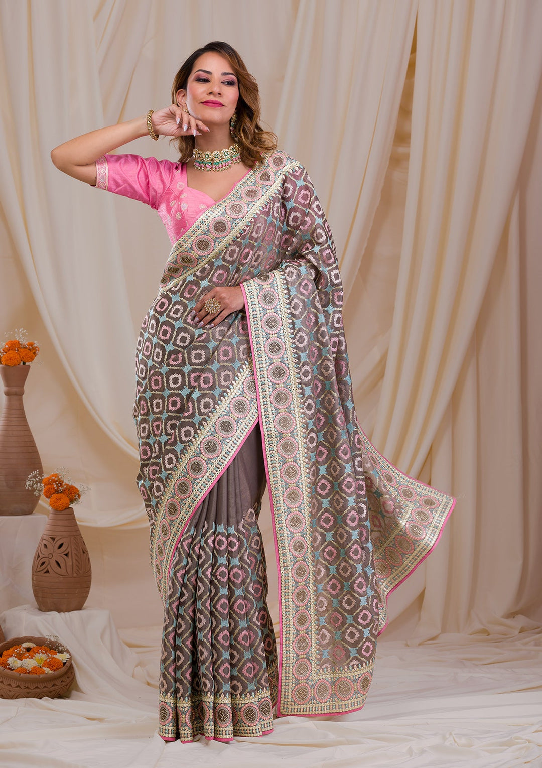 Dark Grey Swarovski Chiffon Saree-Koskii
