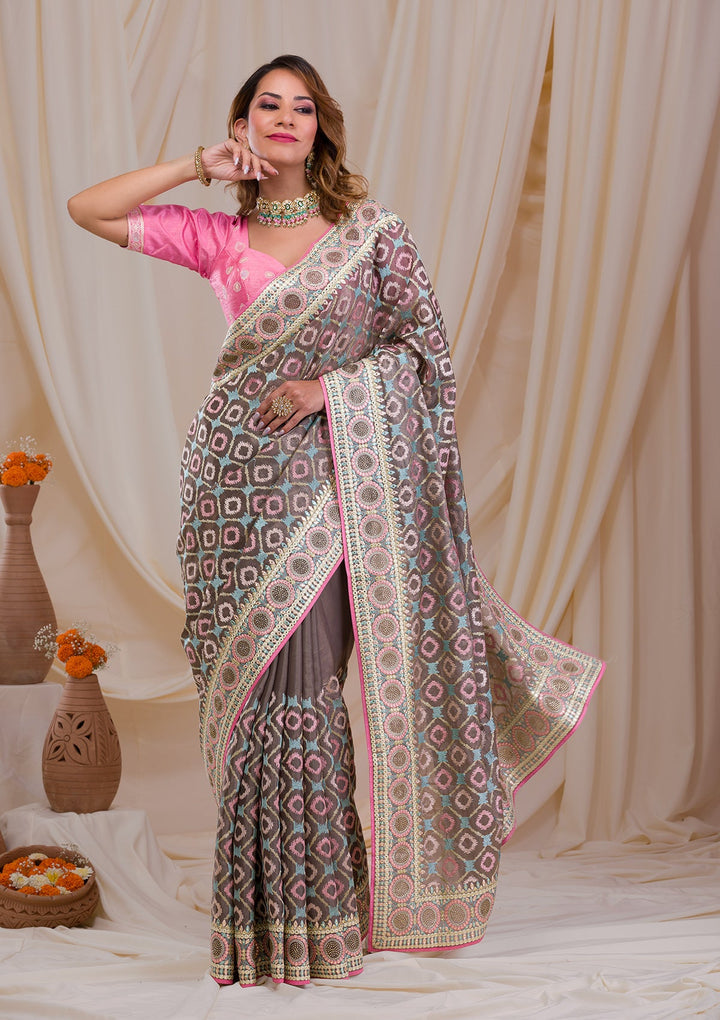 Dark Grey Swarovski Chiffon Saree-Koskii