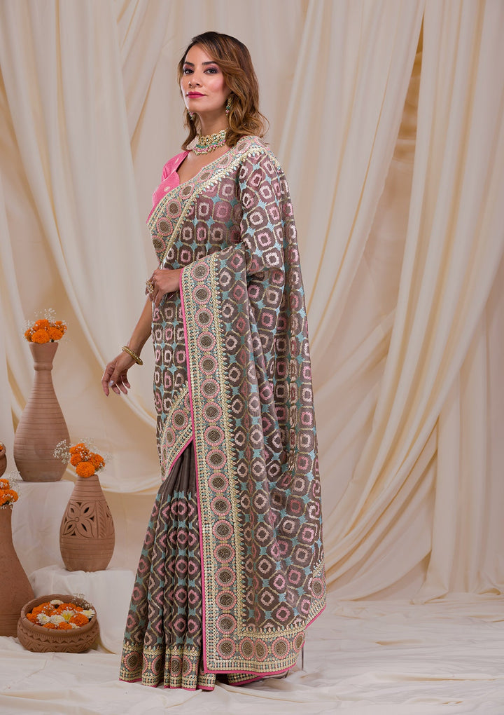 Dark Grey Swarovski Chiffon Saree-Koskii