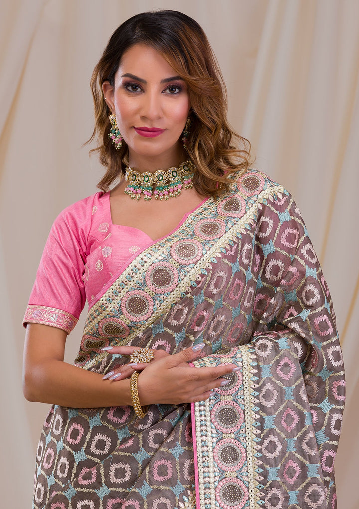 Dark Grey Swarovski Chiffon Saree-Koskii