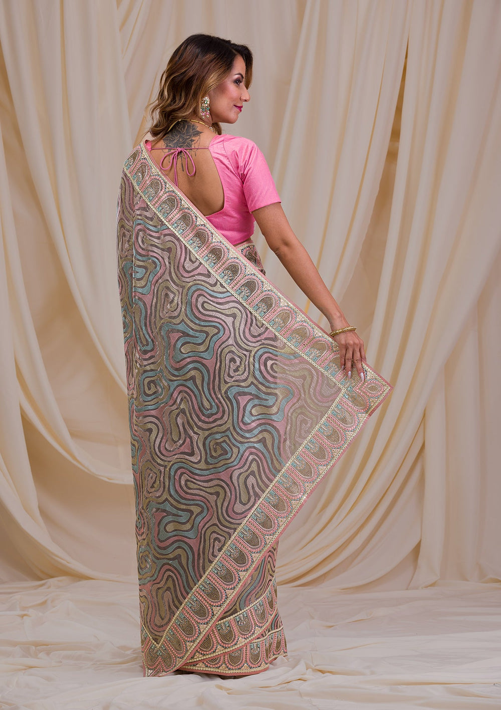 Dark Grey Swarovski Chiffon Saree-Koskii