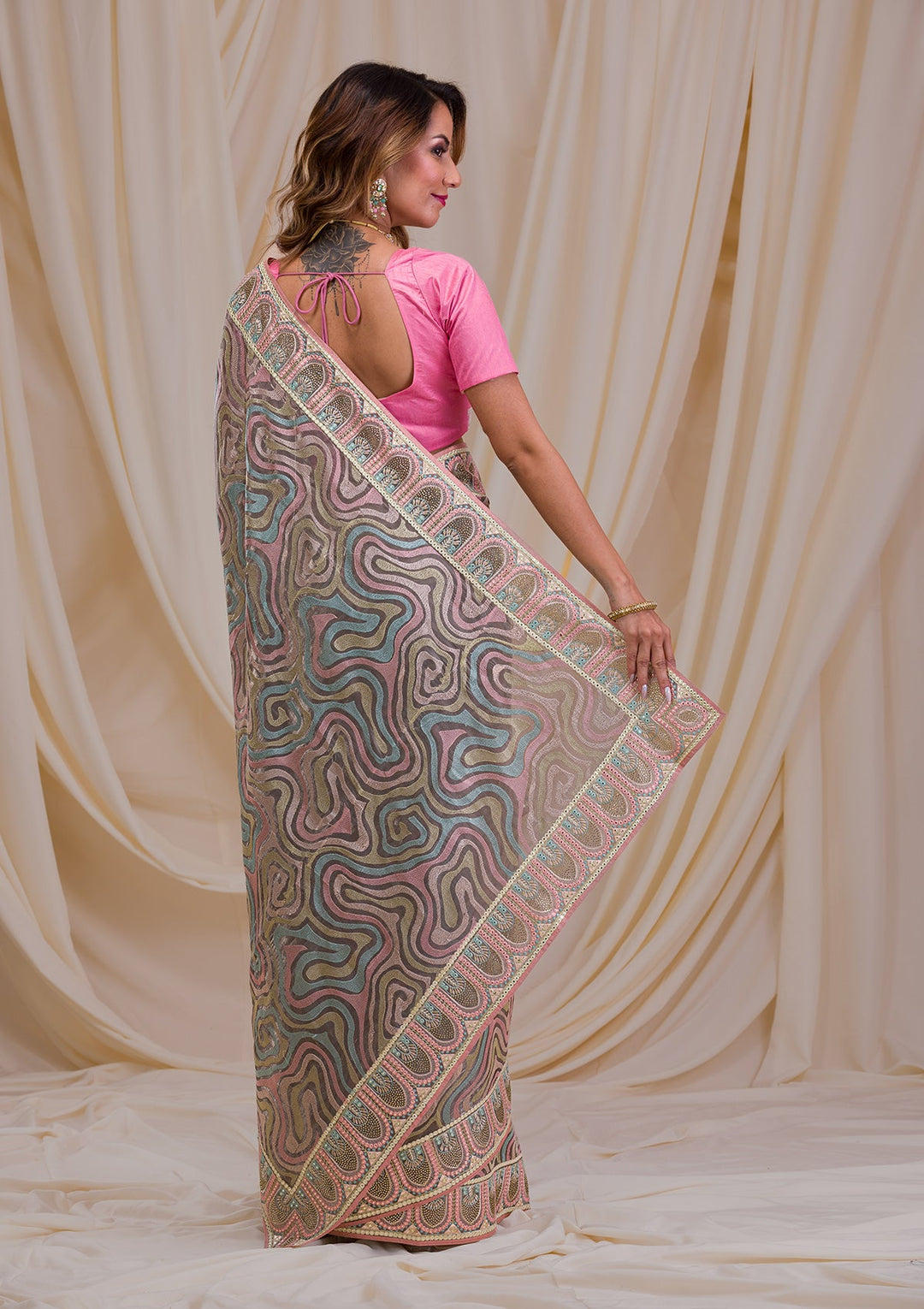 Dark Grey Swarovski Chiffon Saree-Koskii