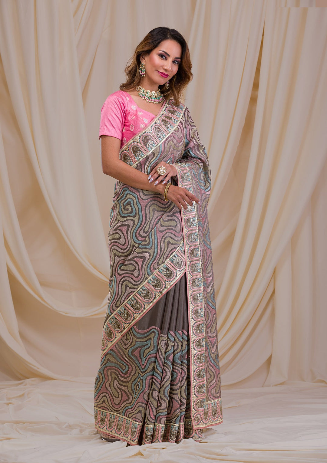 Dark Grey Swarovski Chiffon Saree-Koskii