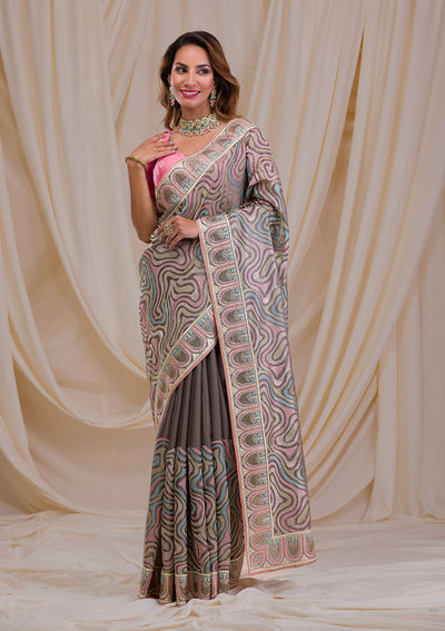 Dark Grey Swarovski Chiffon Saree-Koskii