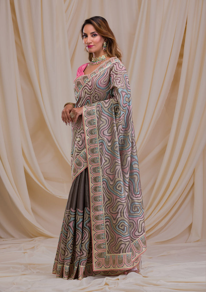 Dark Grey Swarovski Chiffon Saree-Koskii