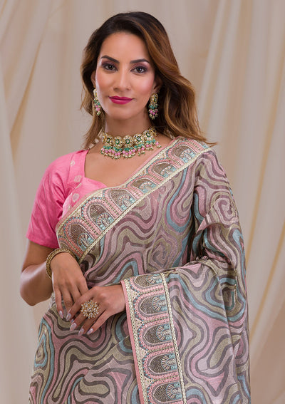 Dark Grey Swarovski Chiffon Saree-Koskii