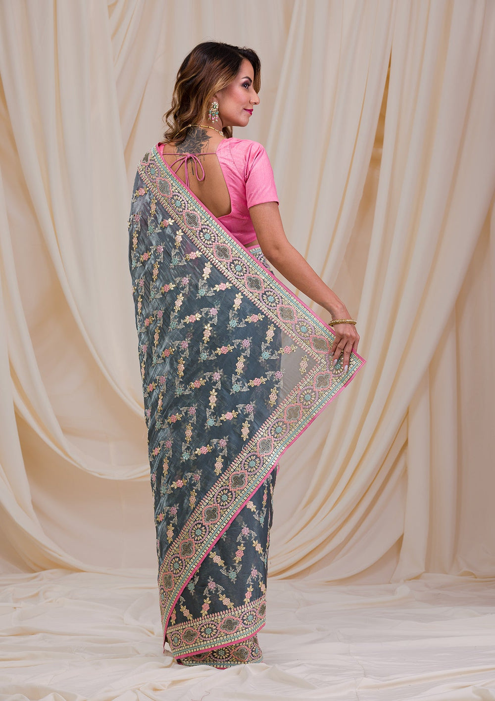 Dark Grey Swarovski Chiffon Saree-Koskii