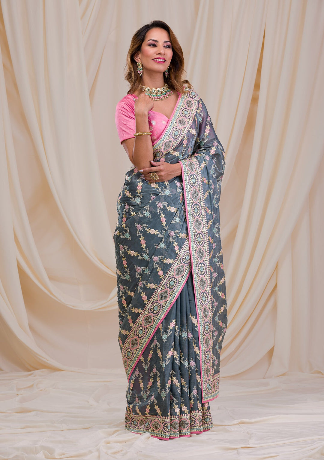 Dark Grey Swarovski Chiffon Saree-Koskii