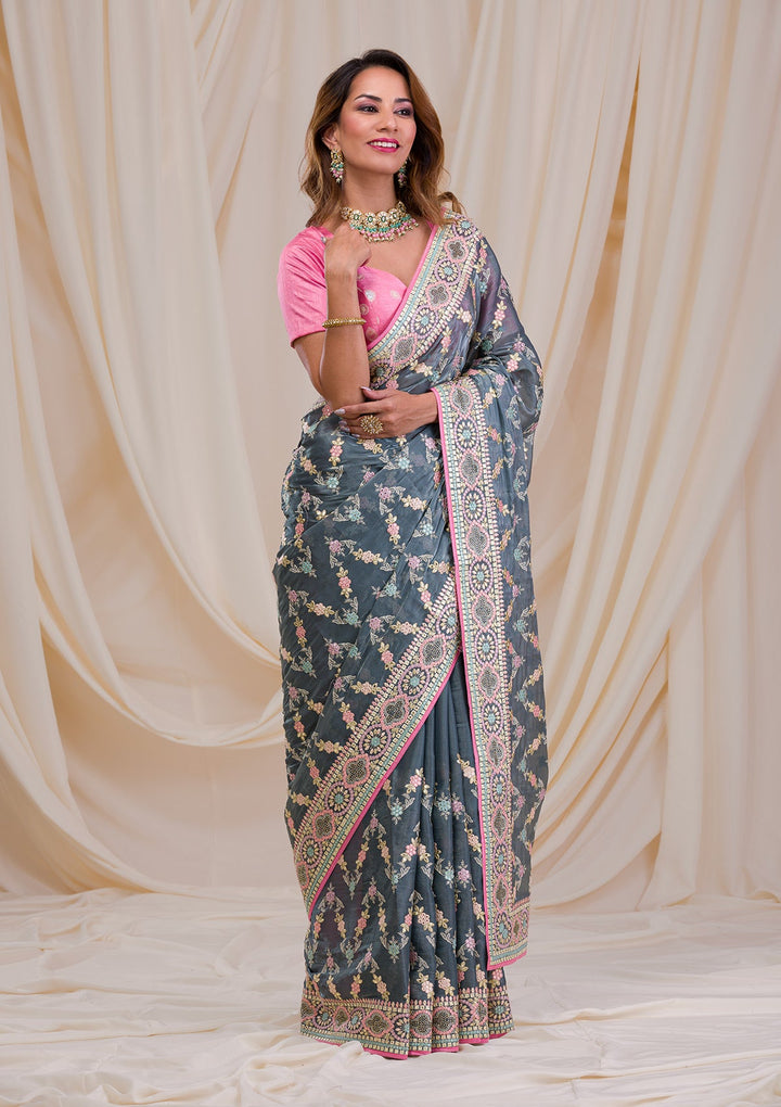 Dark Grey Swarovski Chiffon Saree-Koskii