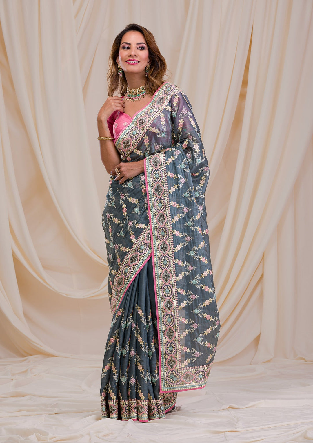 Dark Grey Swarovski Chiffon Saree-Koskii