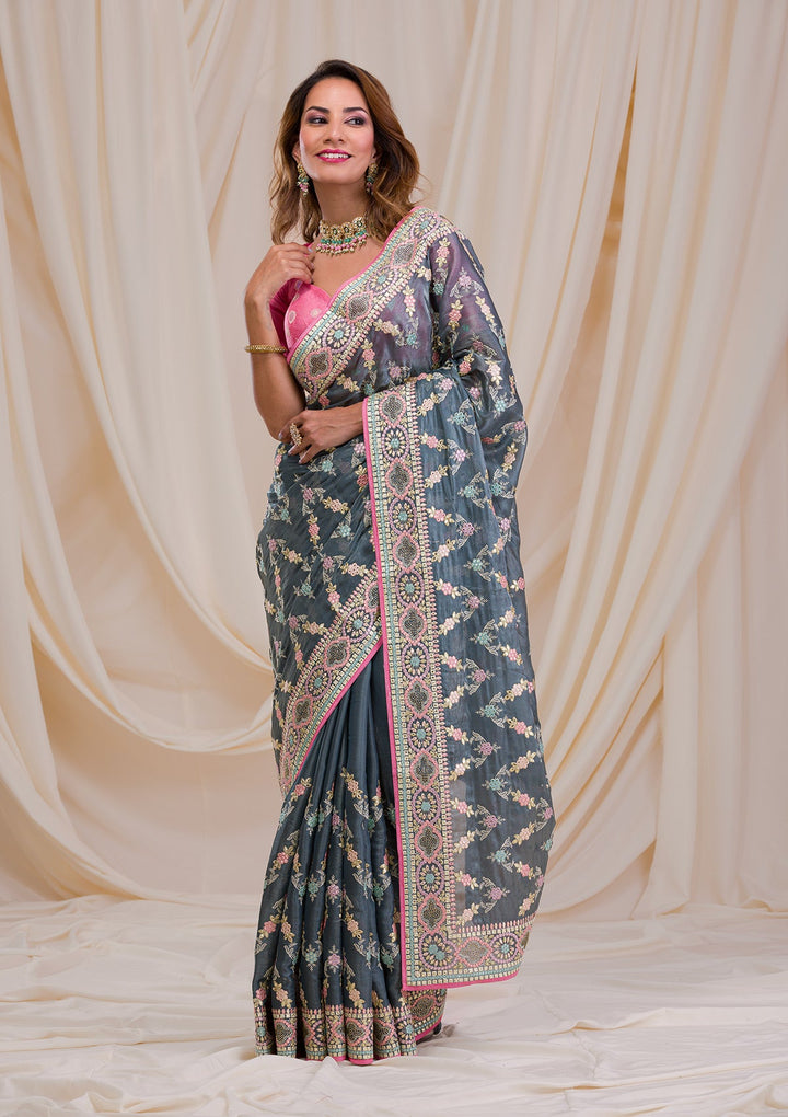 Dark Grey Swarovski Chiffon Saree-Koskii