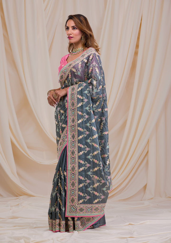 Dark Grey Swarovski Chiffon Saree-Koskii