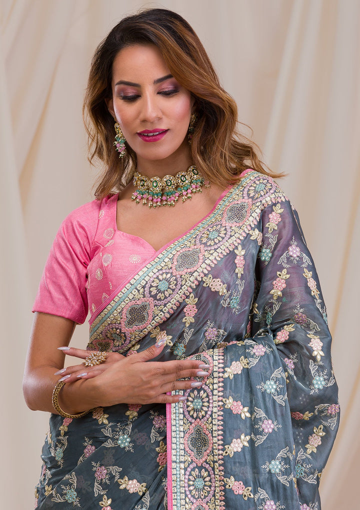 Dark Grey Swarovski Chiffon Saree-Koskii