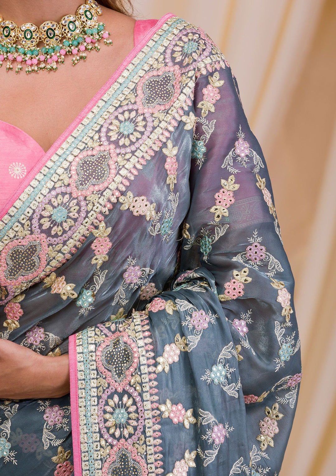 Dark Grey Swarovski Chiffon Saree-Koskii