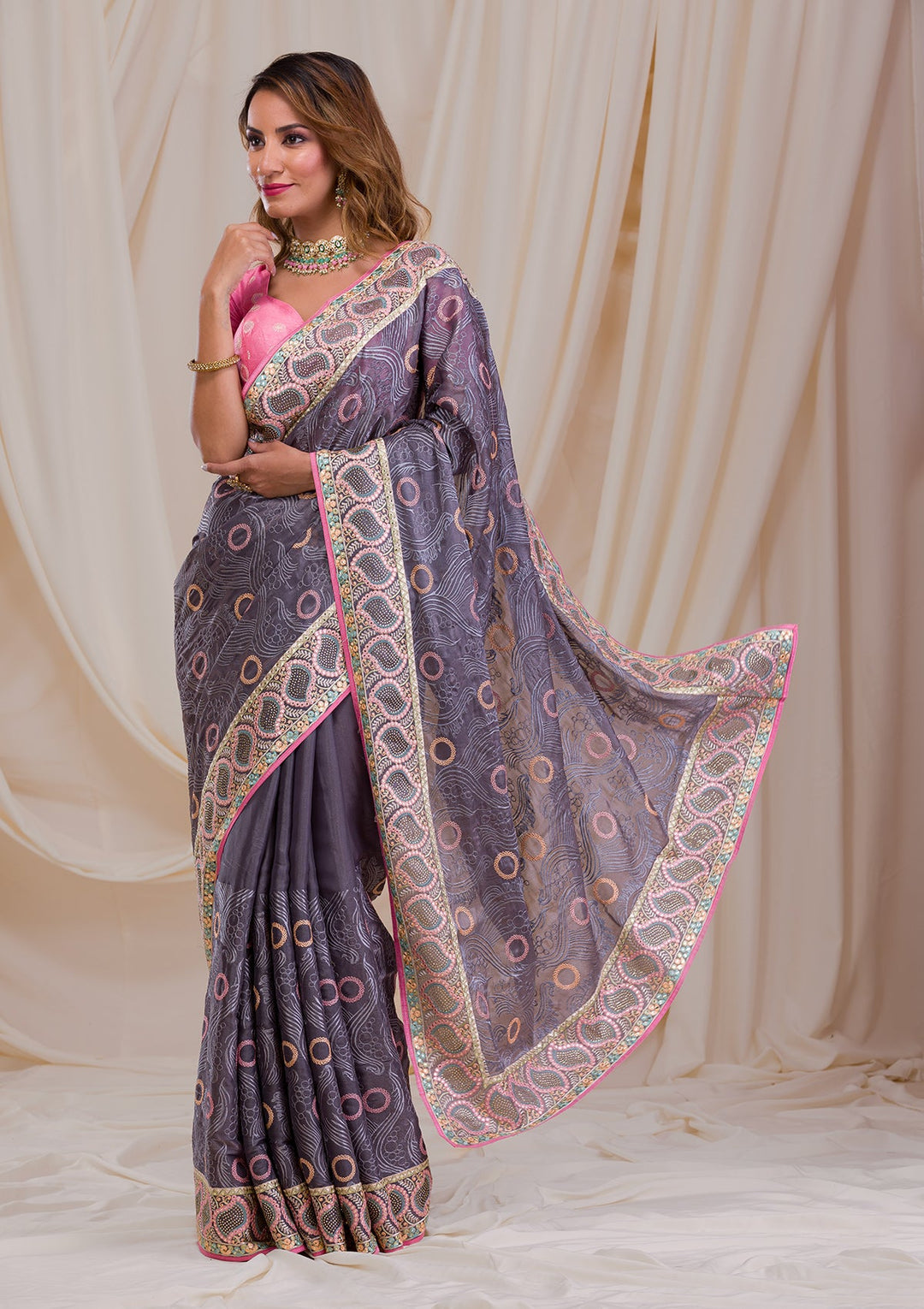 Dark Grey Swarovski Chiffon Saree-Koskii