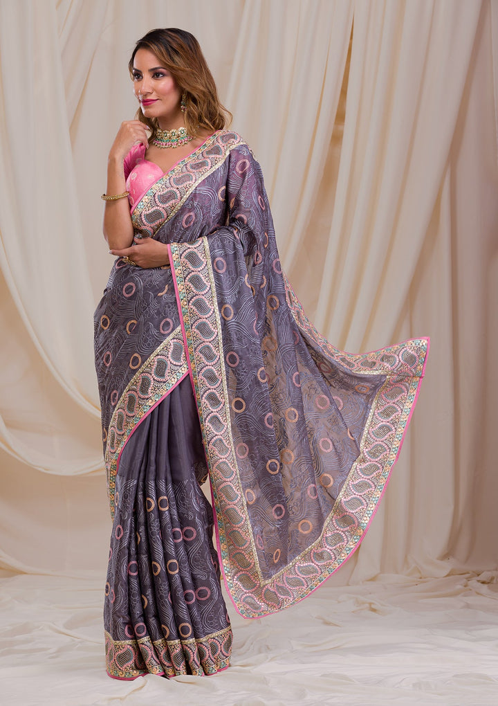 Dark Grey Swarovski Chiffon Saree-Koskii