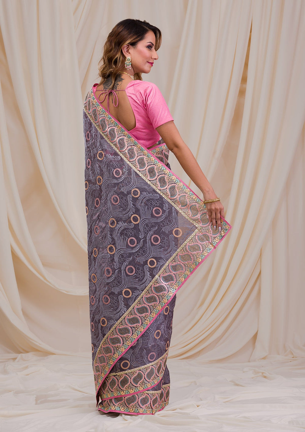 Dark Grey Swarovski Chiffon Saree-Koskii
