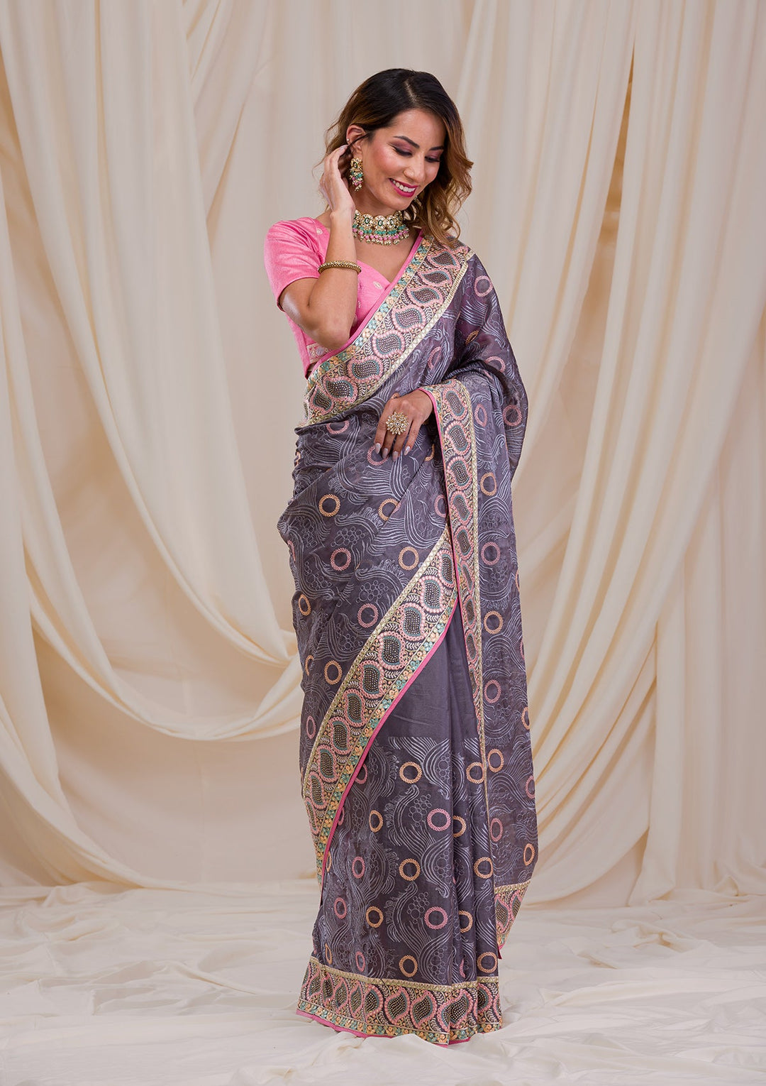Dark Grey Swarovski Chiffon Saree-Koskii
