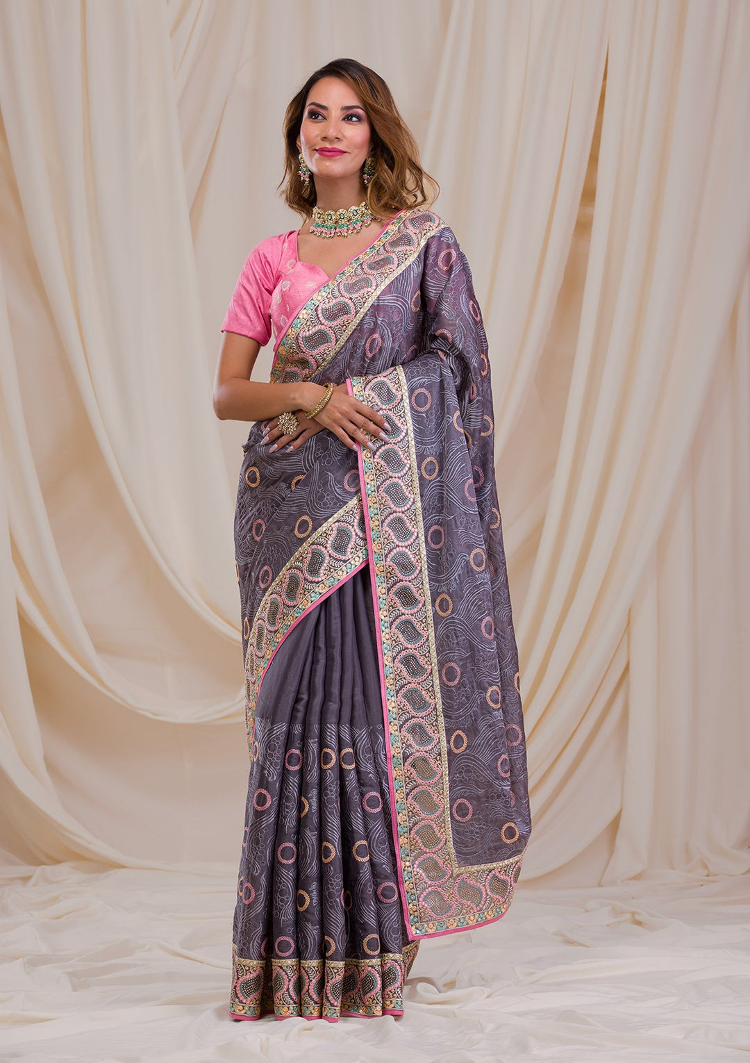 Dark Grey Swarovski Chiffon Saree-Koskii
