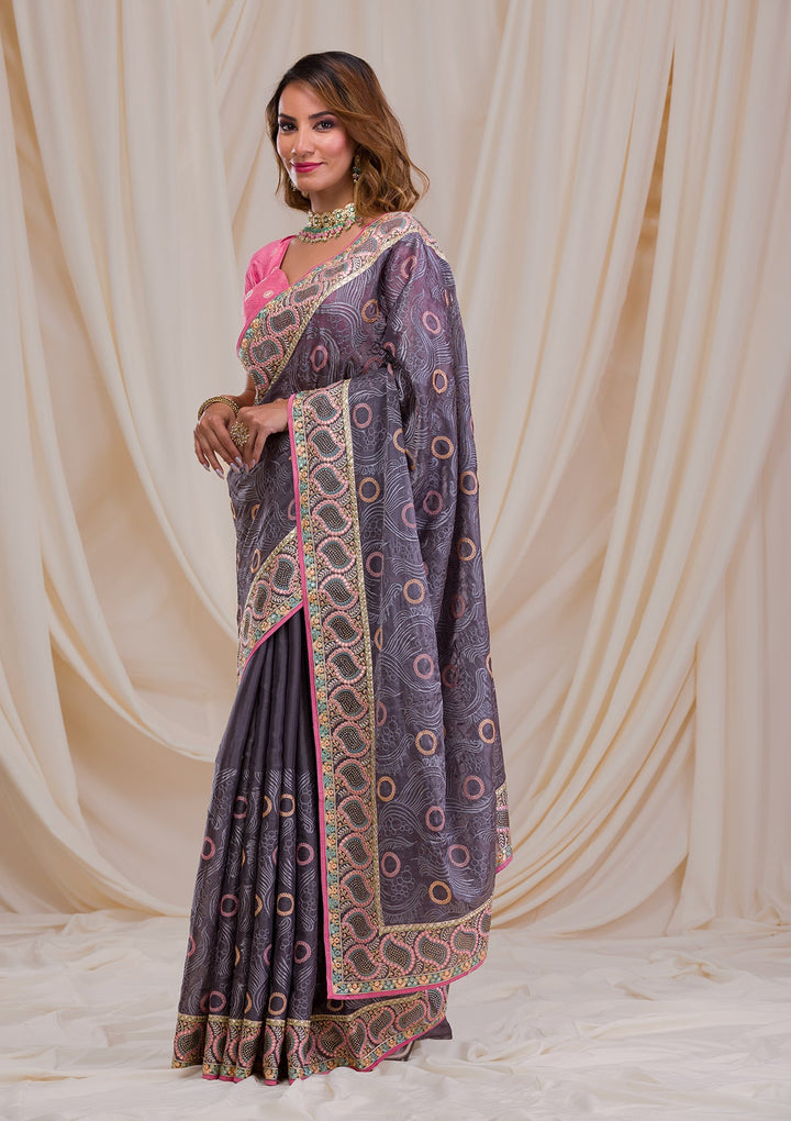 Dark Grey Swarovski Chiffon Saree-Koskii