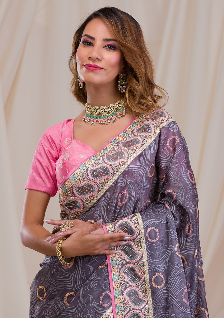 Dark Grey Swarovski Chiffon Saree-Koskii