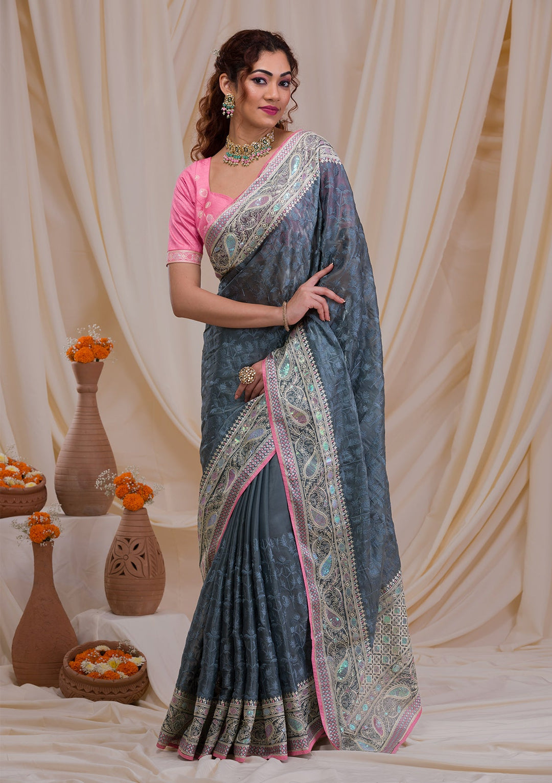 Dark Grey Threadwork Georgette Saree-Koskii
