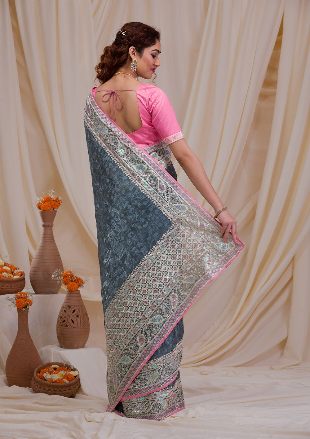 Dark Grey Threadwork Georgette Saree-Koskii