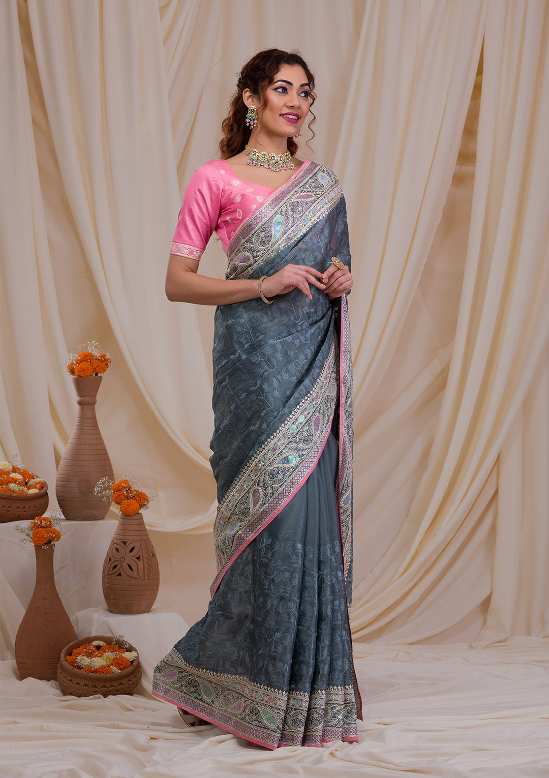 Dark Grey Threadwork Georgette Saree-Koskii