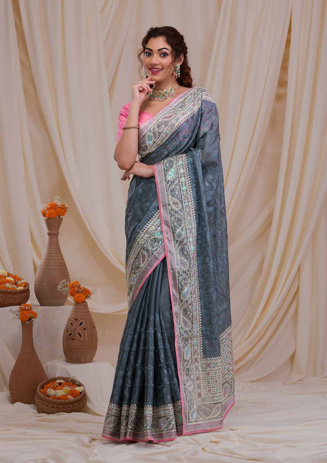 Dark Grey Threadwork Georgette Saree-Koskii