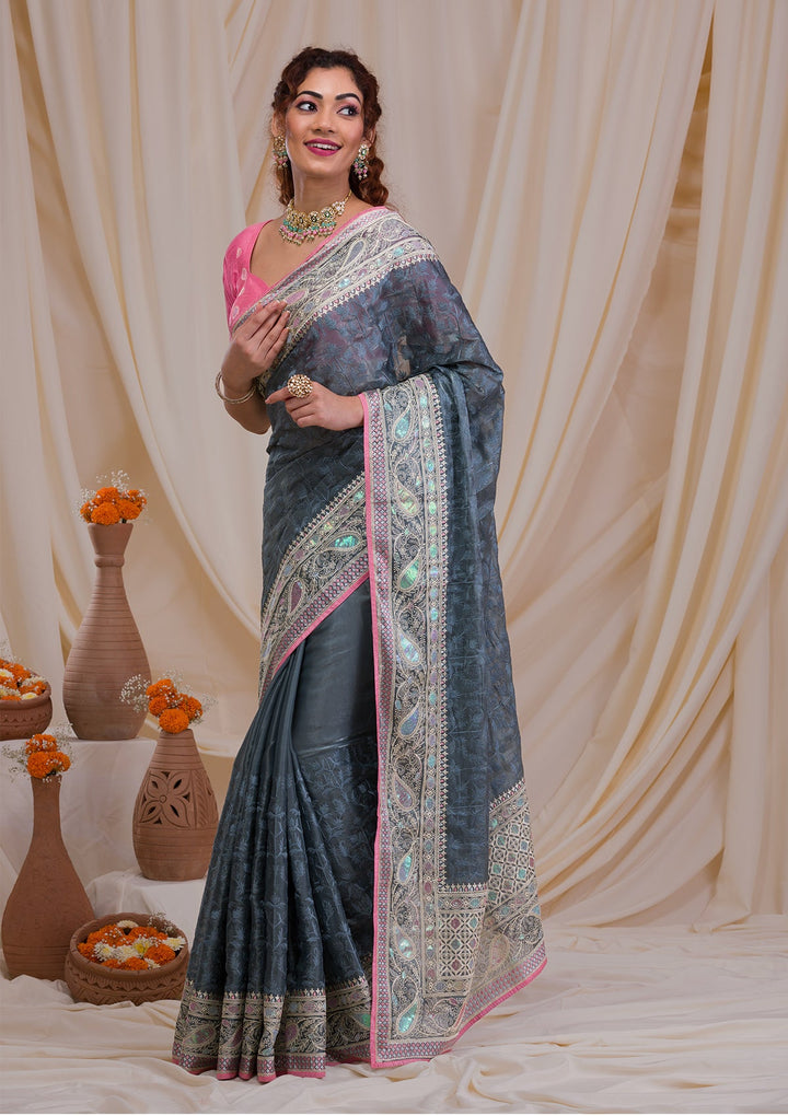 Dark Grey Threadwork Georgette Saree-Koskii