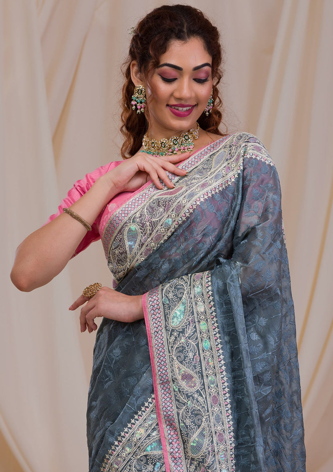 Dark Grey Threadwork Georgette Saree-Koskii