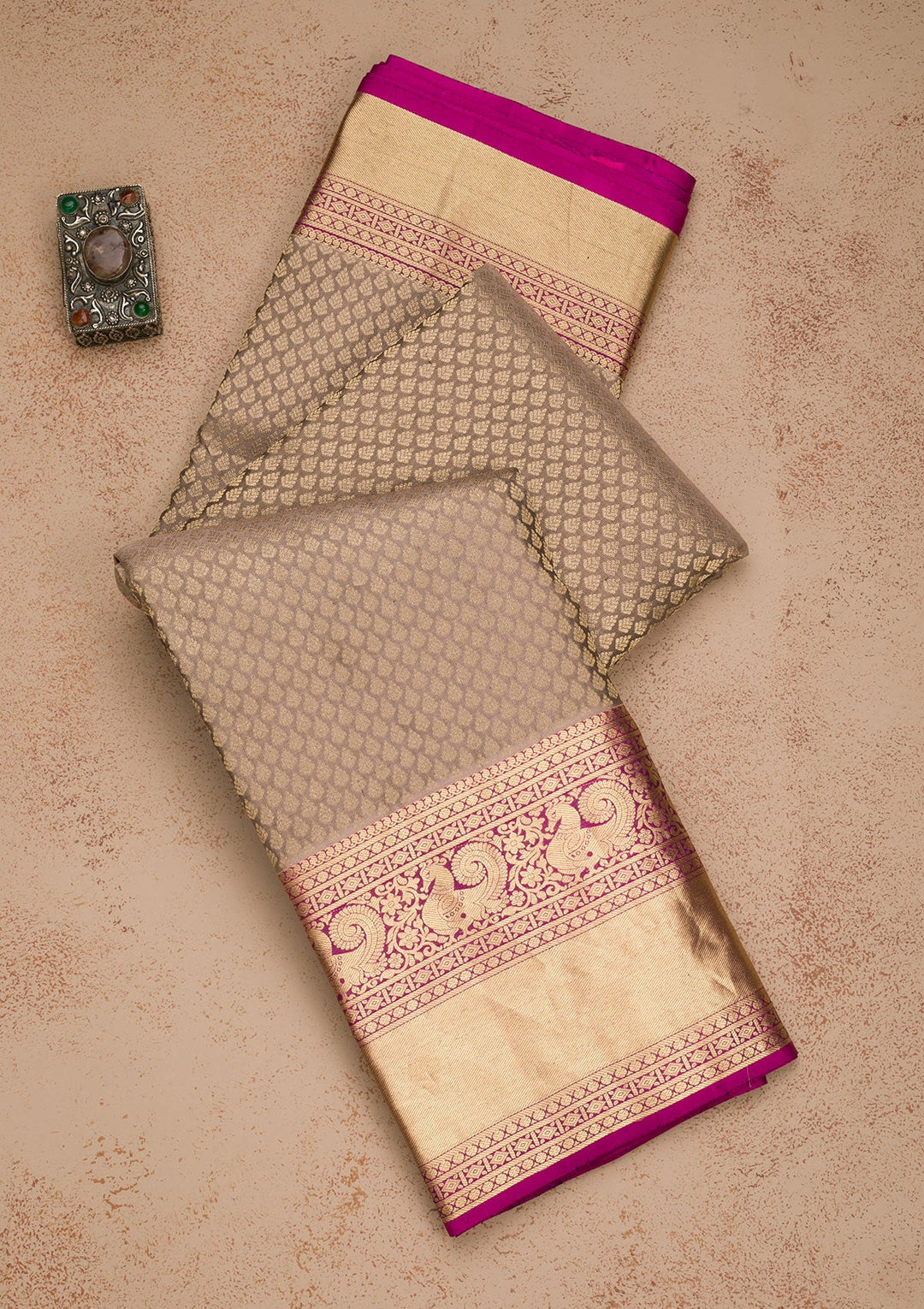 Dark Grey Zariwork Pure Silk Saree-Koskii