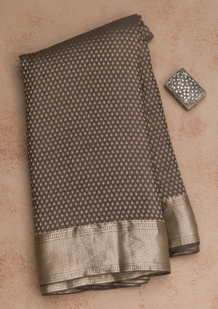 Dark Grey Zariwork Pure Silk Saree-Koskii