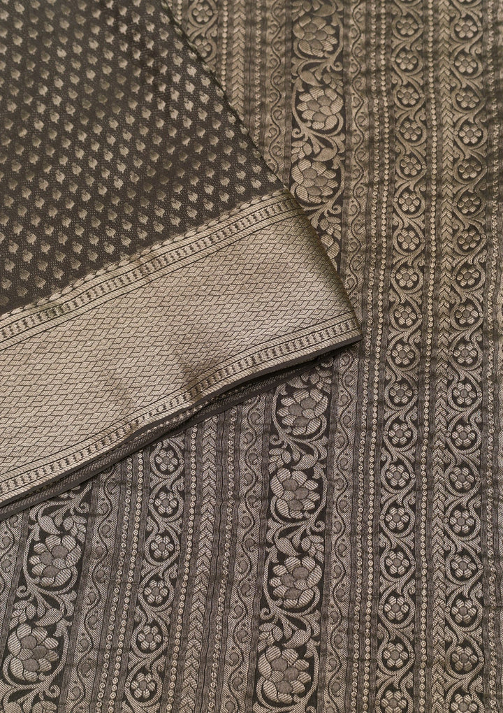 Dark Grey Zariwork Pure Silk Saree-Koskii