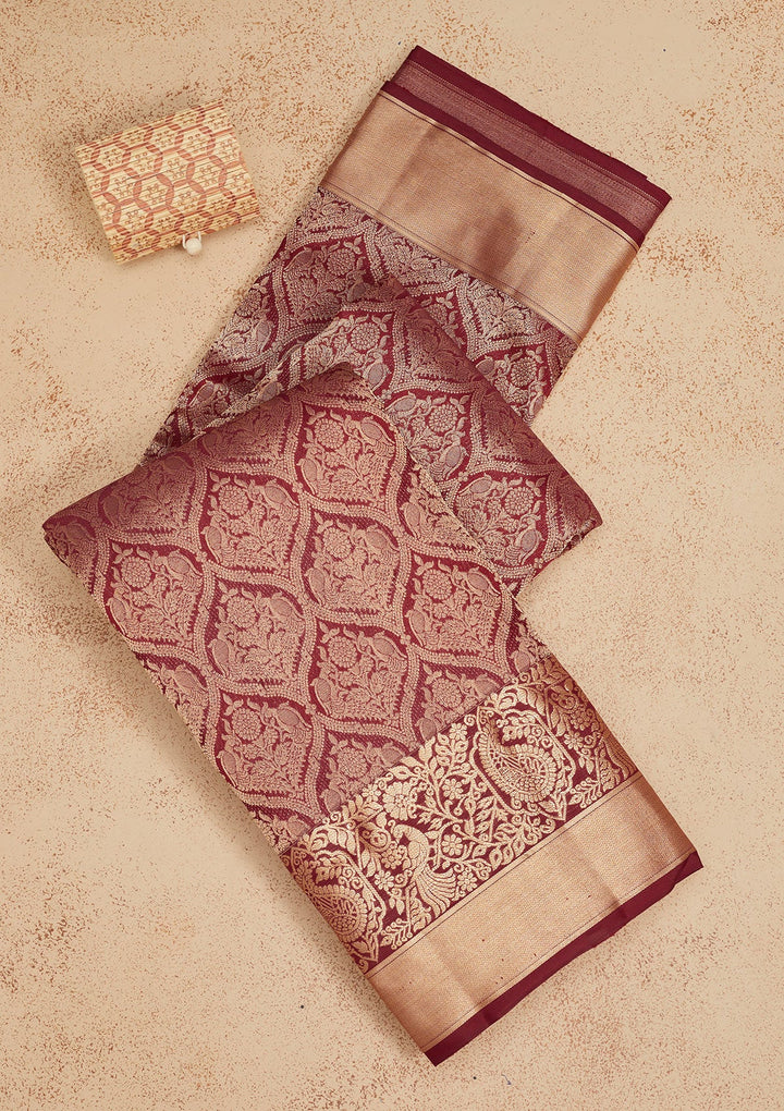 Dark Maroon Zariwork Pure Silk Saree-Koskii