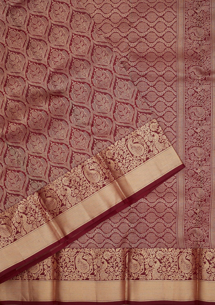 Dark Maroon Zariwork Pure Silk Saree-Koskii