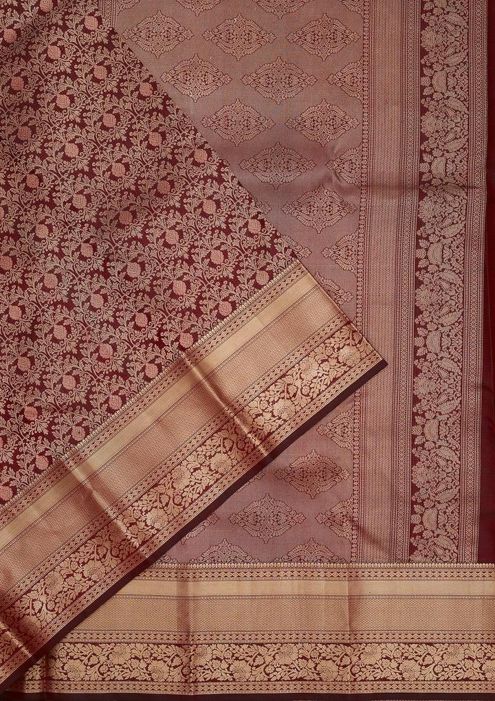 Dark Maroon Zariwork Pure Silk Saree-Koskii