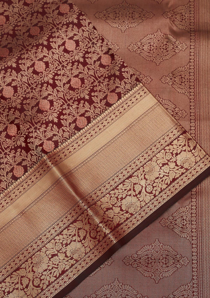 Dark Maroon Zariwork Pure Silk Saree-Koskii