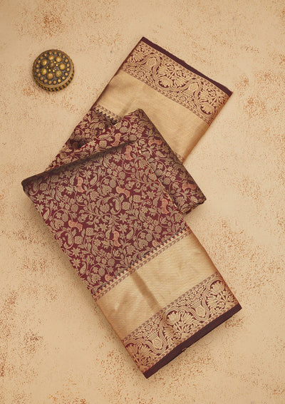 Dark Maroon Zariwork Pure Silk Saree-Koskii