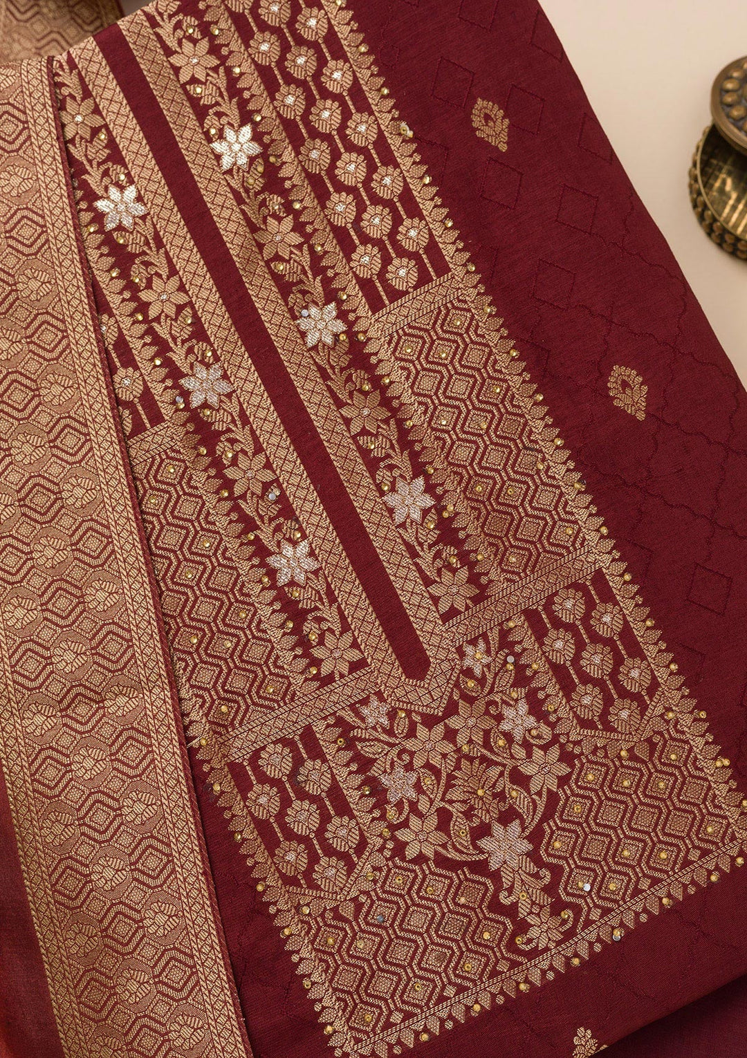 Dark Maroon Zariwork Semi Crepe Unstitched Salwar Suit