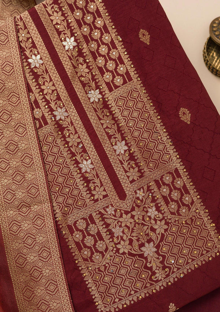 Dark Maroon Zariwork Semi Crepe Unstitched Salwar Suit