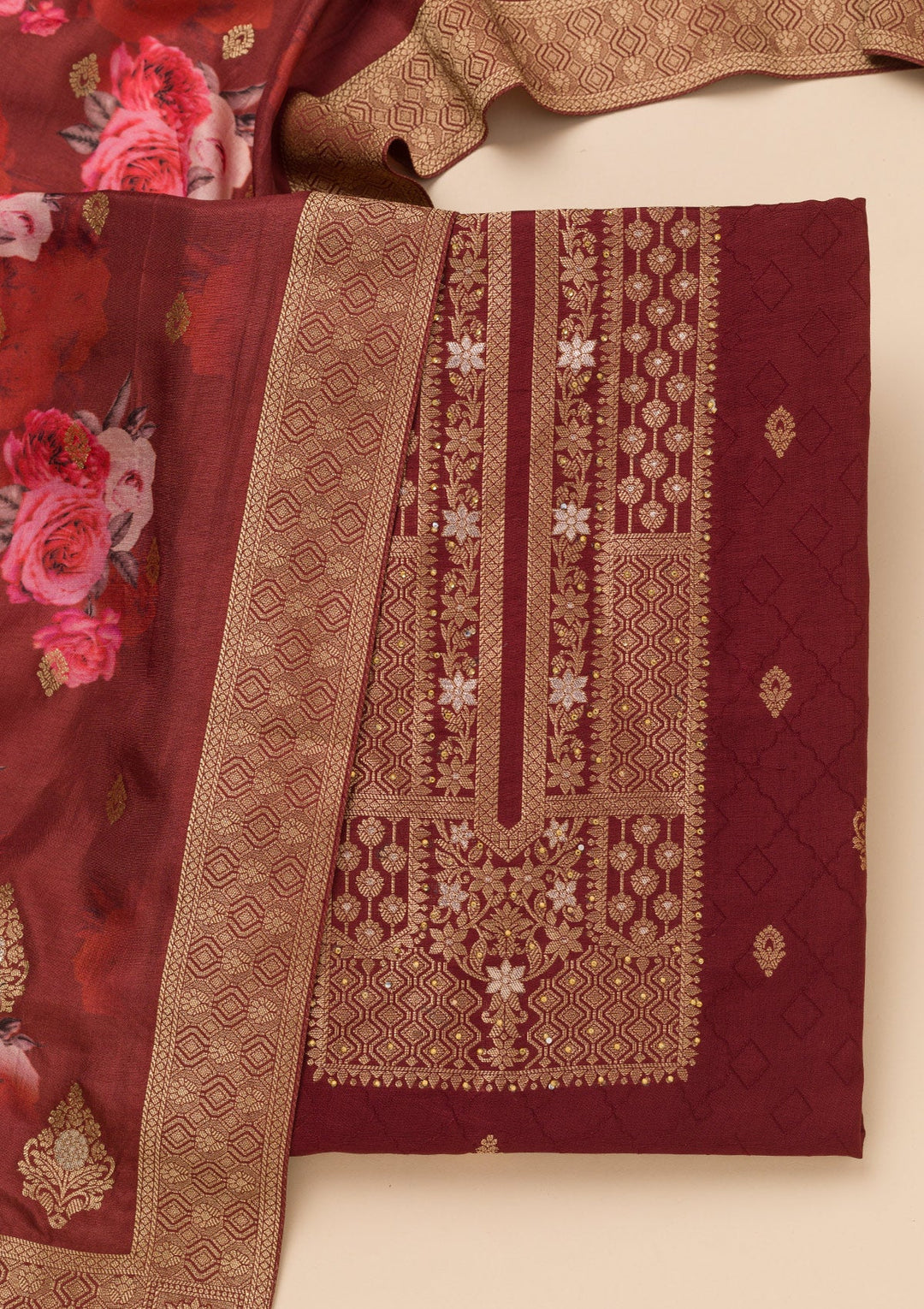 Dark Maroon Zariwork Semi Crepe Unstitched Salwar Suit