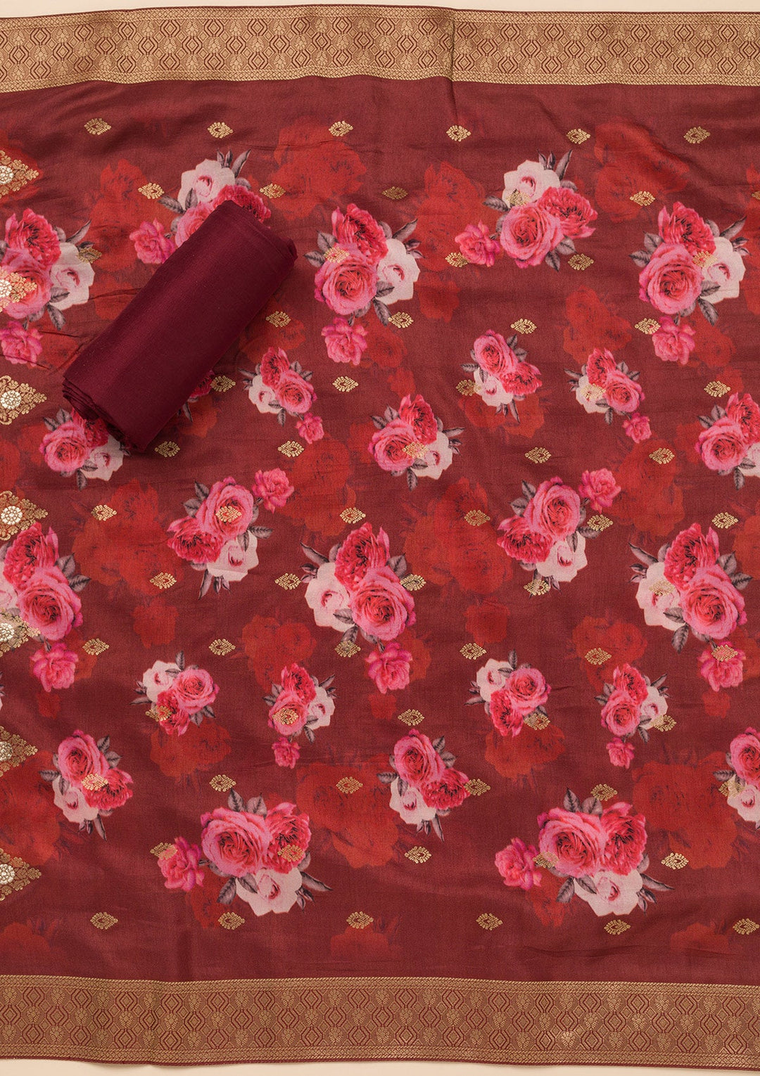 Dark Maroon Zariwork Semi Crepe Unstitched Salwar Suit