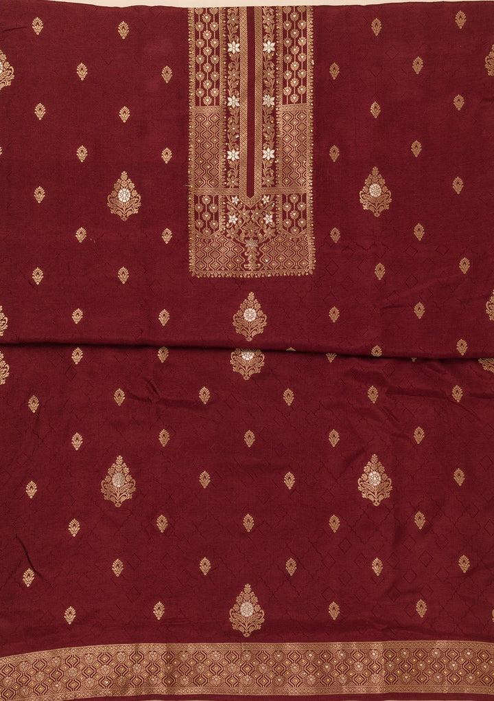 Dark Maroon Zariwork Semi Crepe Unstitched Salwar Suit